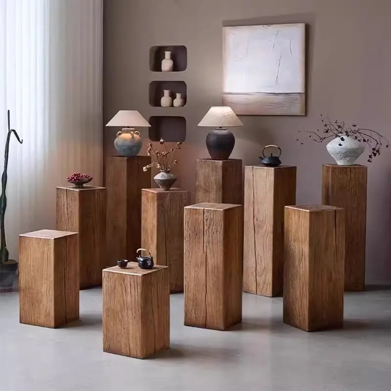 YJQ Homestay Ornament Base Wooden Stake Display Platform Base Carved Flower Frame Hotel Sofa Corner Table Solid Wood Stump