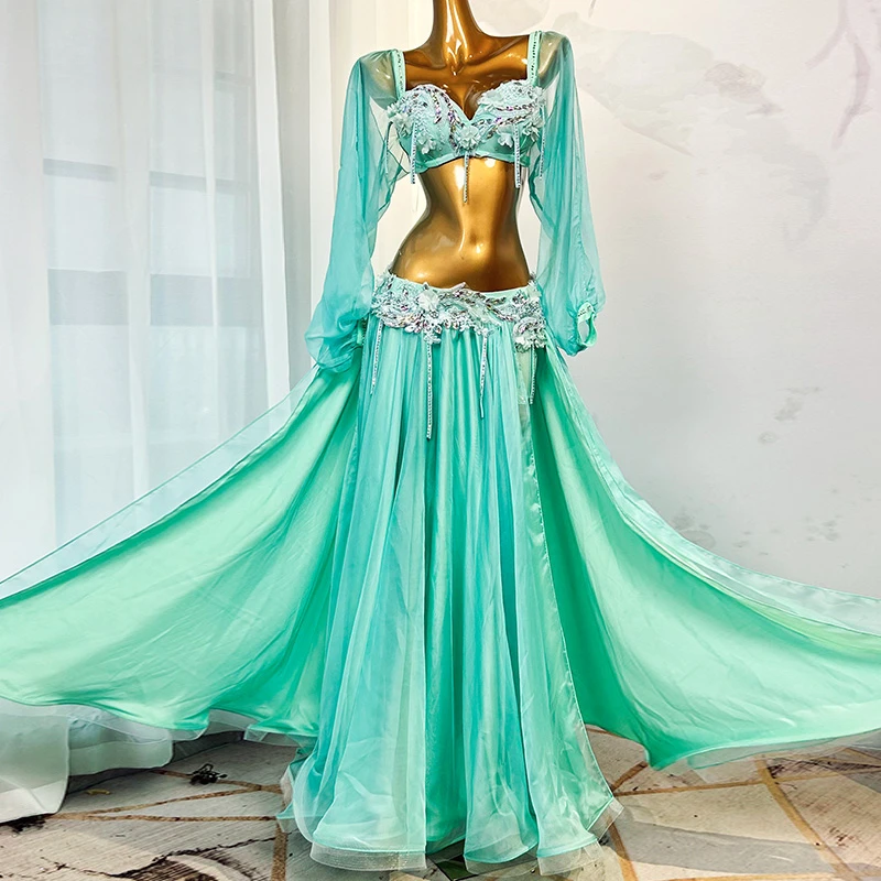 Belly Dancer Costume Set for Women Customsized Bra Top+satin Long Skirt 2pcs Adult Child Oriental Belly Dancing Performance Suit