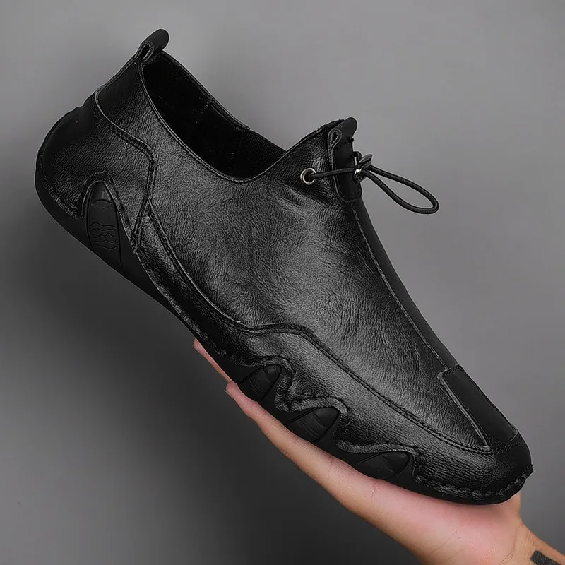 Men Genuine Cowhide Drawstring Slip‑on Loafer Shoe Hand‑Stitched Soft Non‑Slip Sole Casual Footwear Office Daily Walking Outdoor