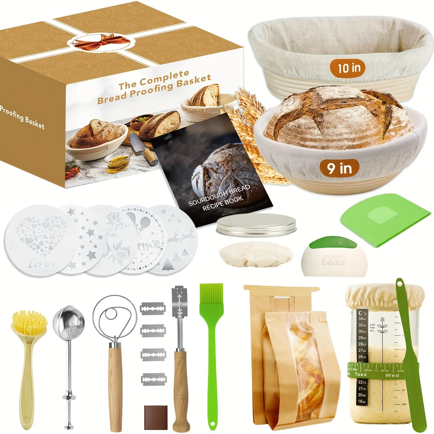

Sourdough Starter Kit with Proofing Basket, Glass Fermentation Jar & Essential Baking Tools – All-in-One Bread Making Set for Home Bakers