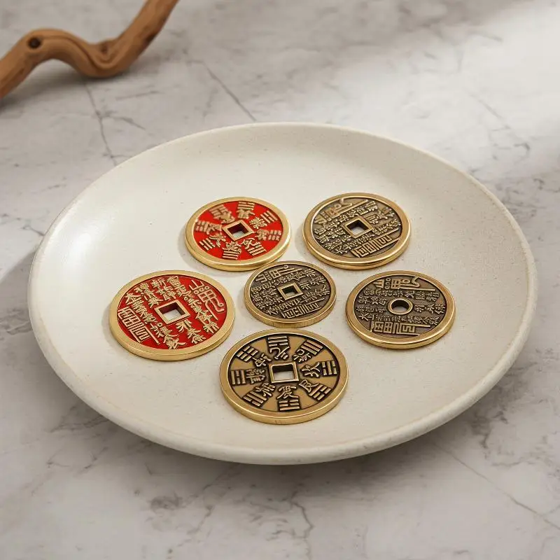 Retro Design Solid Brass Feng Shui Lucky Coins Engraved Lucky Symbol for Study Room Decor Collectible Festival Gifting