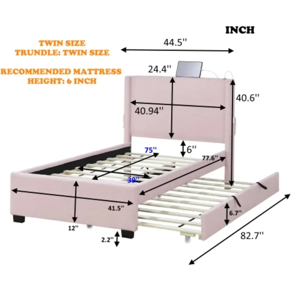 Twin Size Bed Frame with Removable Trundle，USB Functionality, Single Bed，Bedroom Furniture，No Box Spring Required，Bed Frame