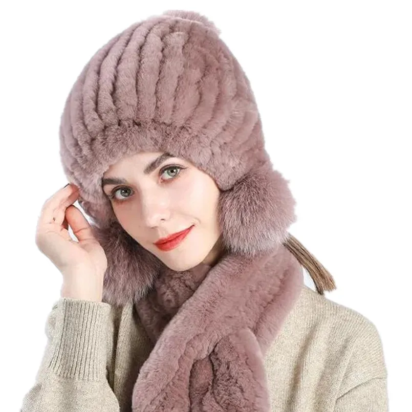 Winter Knitted 100% Natural Rex Rabbit Fur Hat Scarf Set Lady Women Fashion Fluffy Knitted Warm Cap Muffler