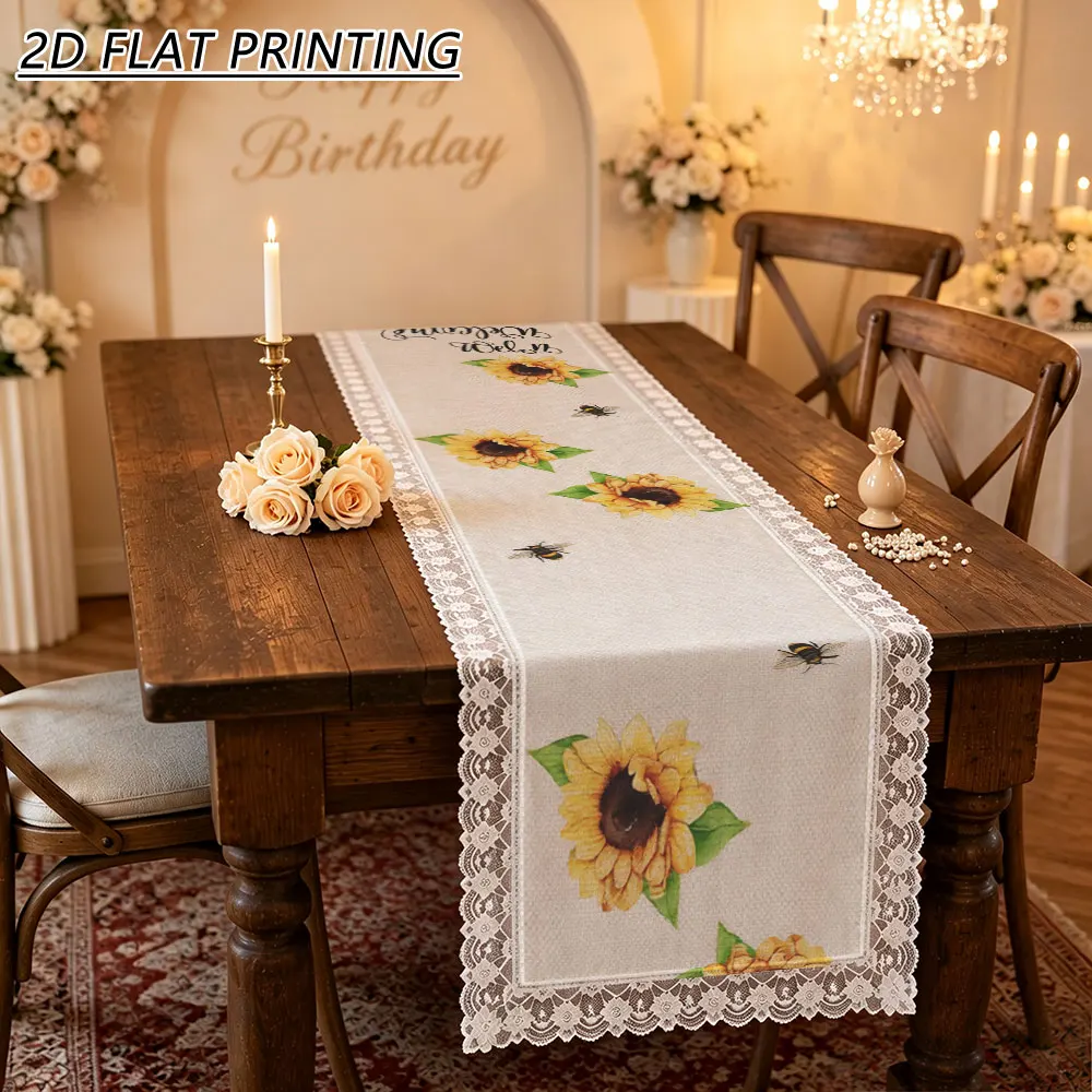 1pc Sunflower Bee Gnome Welcome Pattern Tulle Lace Table Runner For Home Harvest Festival Table Decor