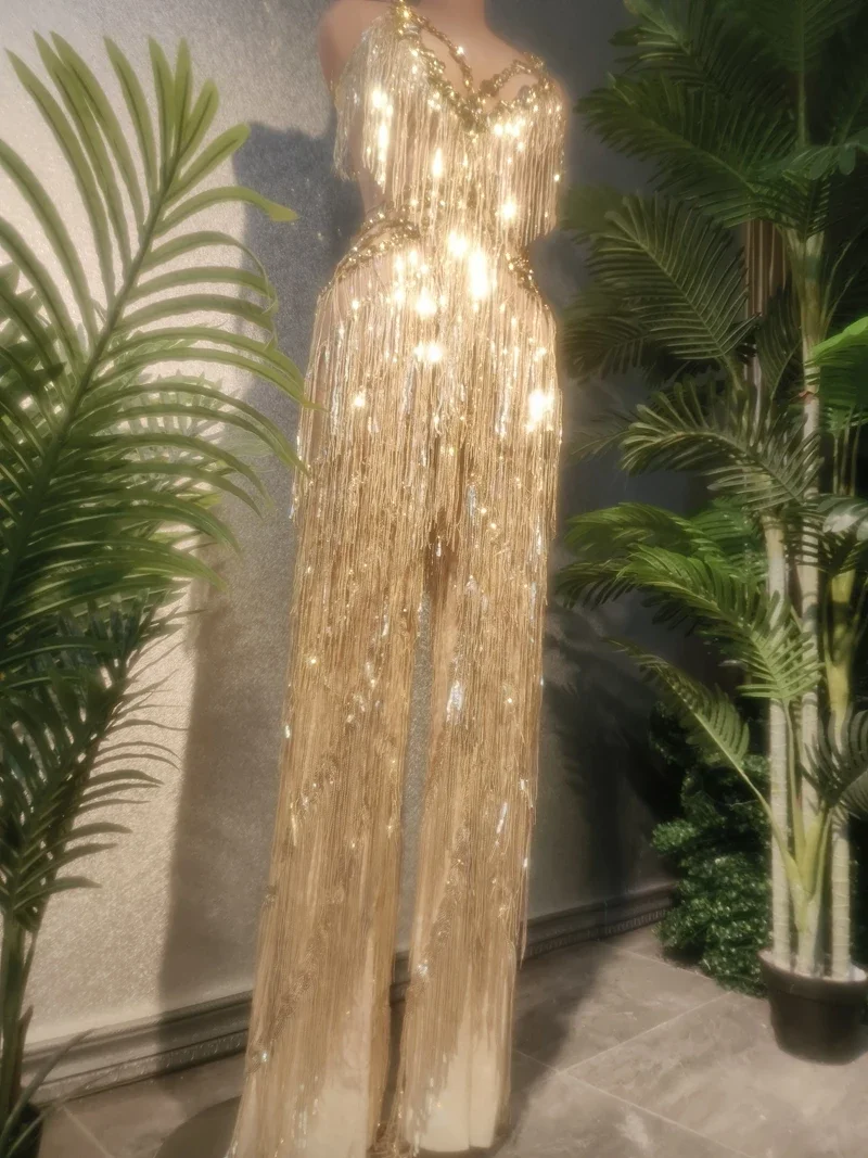 Verjaardag Outfit Zangeres Danser Performance Kostuum Dragen Sprankelende Gouden Pailletten Strass Rompertjes Vrouwen Mouwloze Jumpsuit