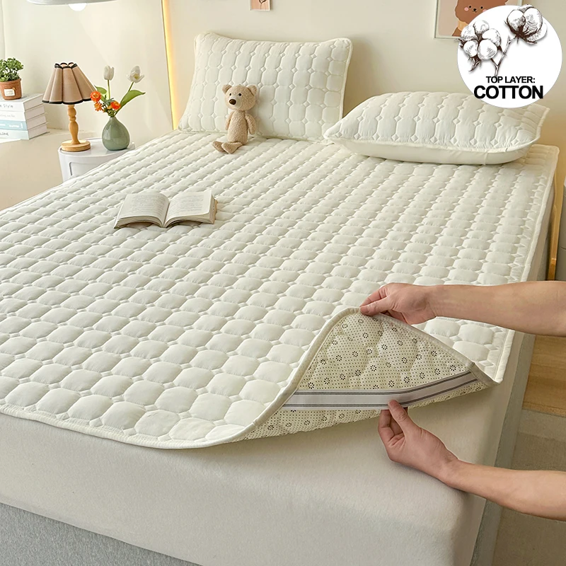 Quilted Mattress Cover Breathable Mattress Protector,Bed Sheet with Straps,Soft,Washable,Anti-Slip,Hypoallergenic, Noiseless