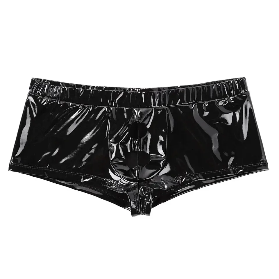 Men Glossy PVC Leather Underwear Erotic Panties Open Penis Hole Underpants Sexy Gay Lingerie Trunks Wetlook Latex Boxers Shorts