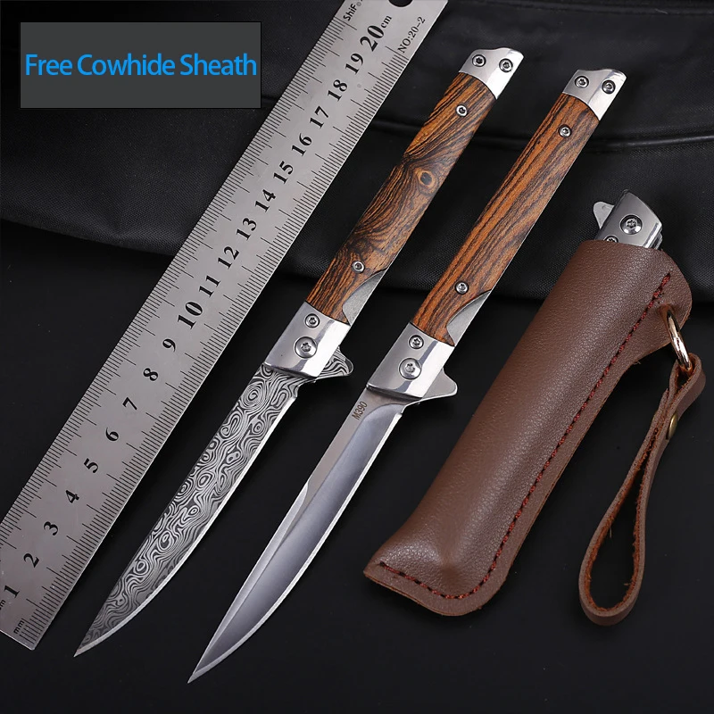 

Folding Knife with Holster Wooden Handle Damascus Pattern High Hardness Hunting Knife Outdoor Camping Survival Tools