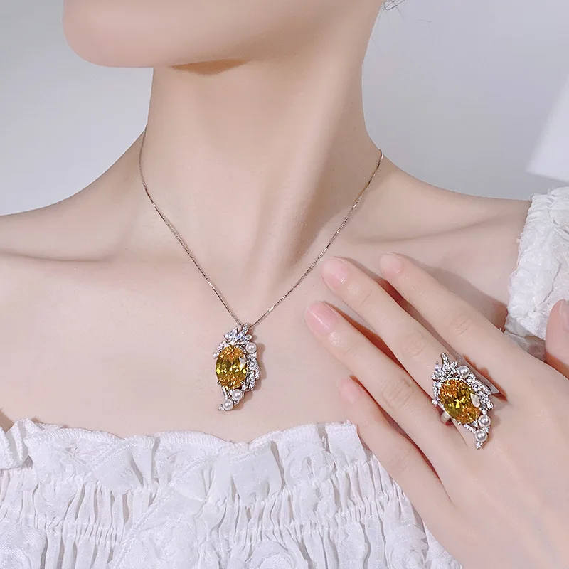 

Women's New Style Jewelry Set, Inlaid Colored Gemstone Necklace & Ring with Bird's Nest Cut, Ideal for Wedding, Gifts & Party