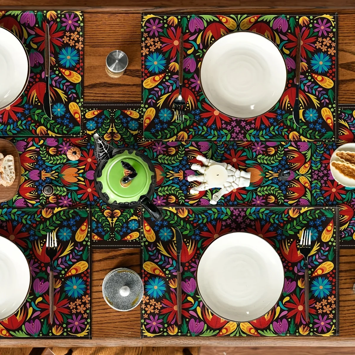 Floral Fiesta Placemats Mexican Cinco De Mayo Placemats for Dining Table Floral Fiesta Dia De Los Muertos Decoration Washable