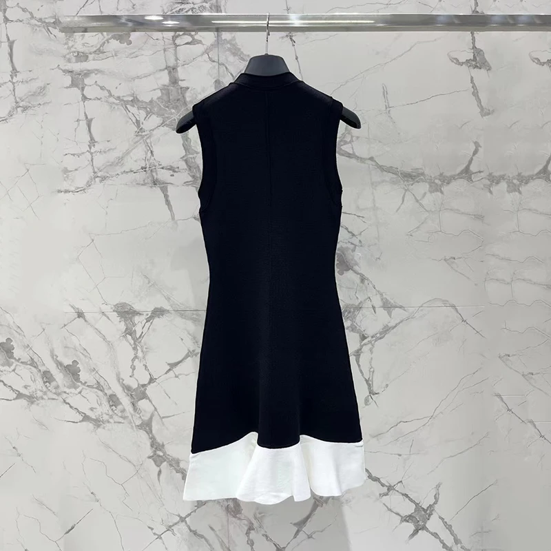 Abito in maglia senza maniche con collisione di colore bianco e nero, abiti da festa Sexy Slim alla moda, donna di alta qualità, 2024, estate,