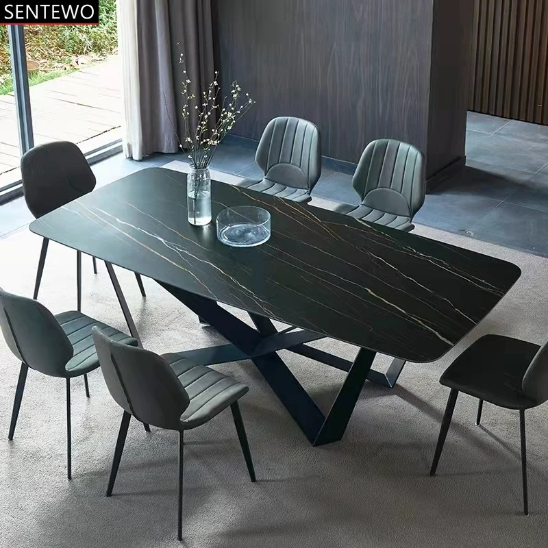 

SENTEWO Free Shipping Italian Marble Dining Table Set And Chairs Carbon Steel Frame Dining Room Tables Furniture Leather Chair