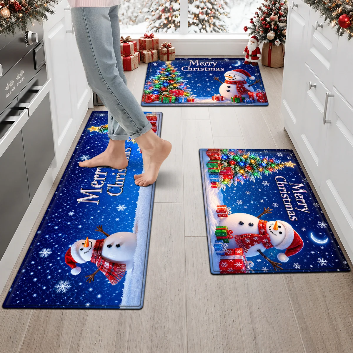 Christmas Kitchen Rugs Set Snowman Santa Xmas Print Non Slip Mat 1/2/3Pcs Options Washable Holiday Home Floor Decor