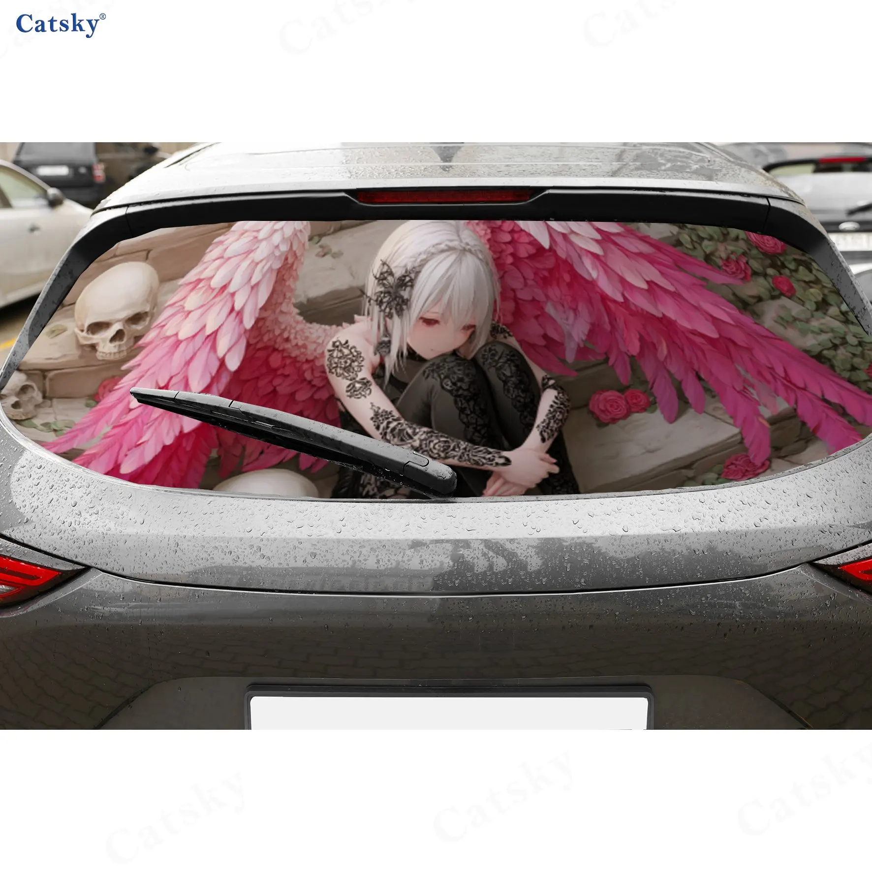 

Dark Fantasy Angel Scene PVC Perforated Car Vinyl Wraps, Durable Car Rear Windshield Sticker, Waterproof Car Rear Window Decal,