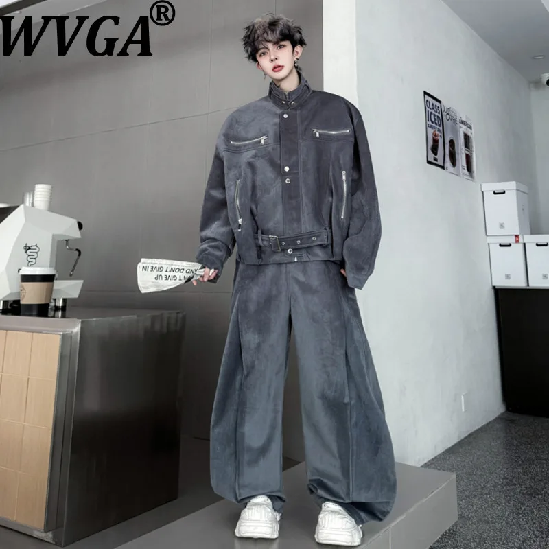 

WVGA Autumn Winter New Men Solid Color Stand Collar Zipper Coats Niche Chic Casual Wide-Leg Pants Thickened Two-Piece Set W16051