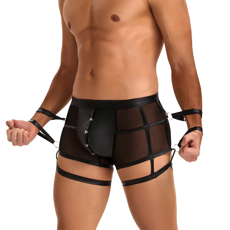 Fashion Design Plus Size Faux Leather Sexy Men Boxer Briefs Bondage Panties  Sexy Underwear Sheer Mesh Lingerie with Handscuff
