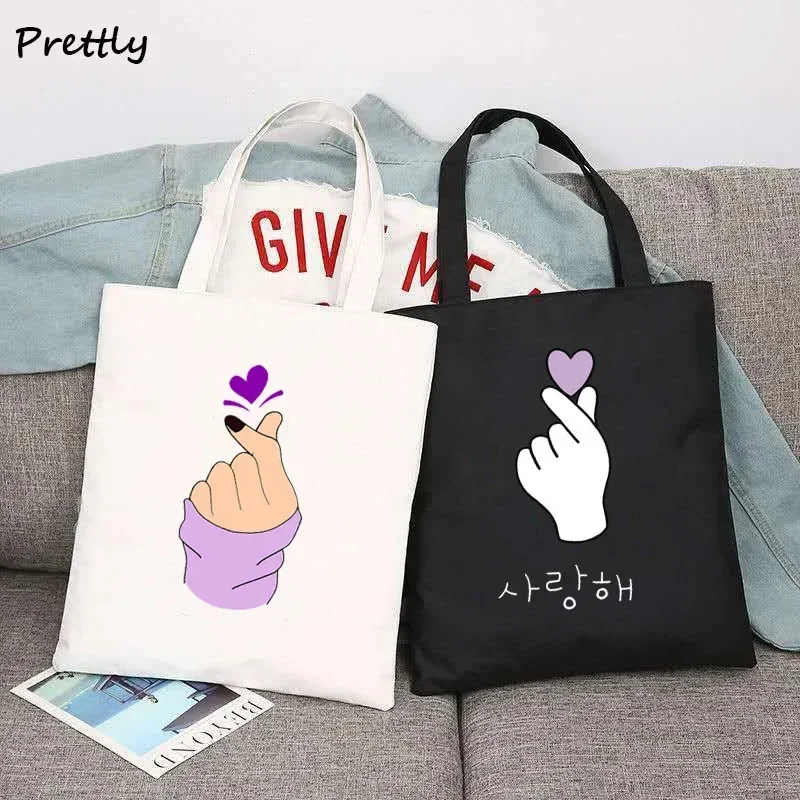 

Korean Finger Heart Kpop Tote Bag Cute Cartoon Foldable Canvas Shoulder Bag Large Capacity School Bag for Women