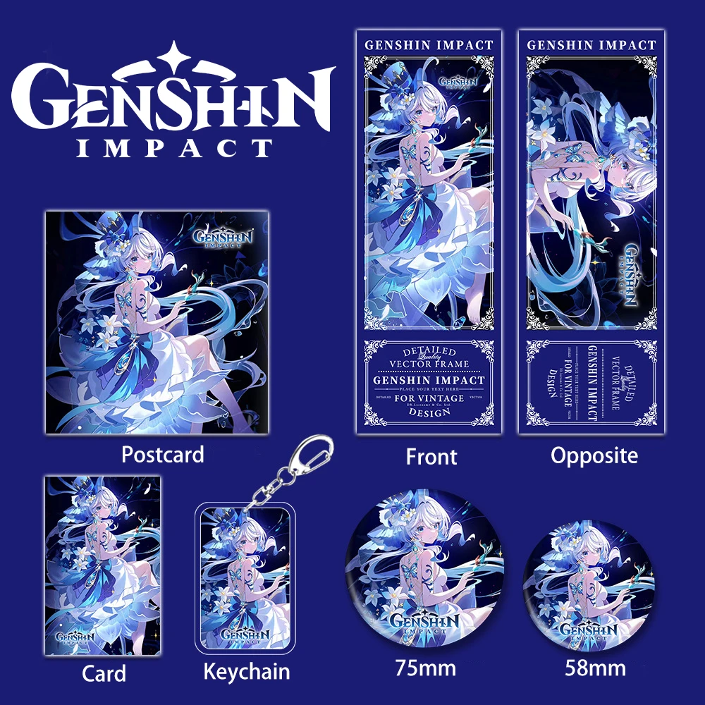 Focalors Furina Kawaii เลเซอร์ตั๋ว Genshin Impact บุ๊คมาร์คอะนิเมะเกม Badge การ์ด Lomo Key ชุดเครื่องเขียนสําหรับของขวัญเด็ก