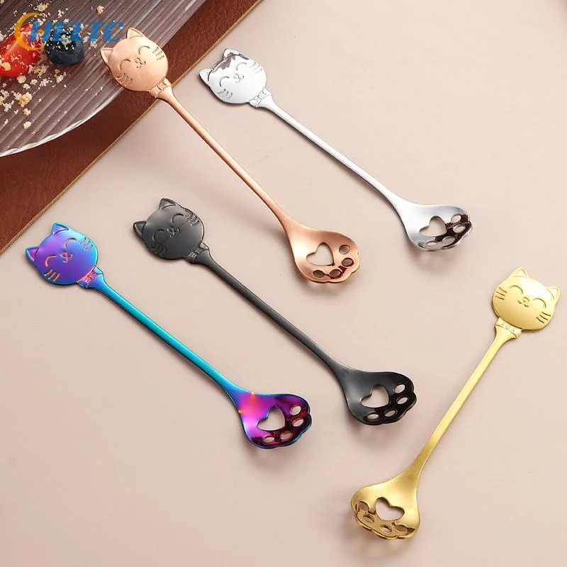 

5PCS Set 304 Stainless Steel Cat Spoon Creative Cartoon Hanging Edge Spoon Cute Coffee Spoon Gold-plated Stirring Spoon