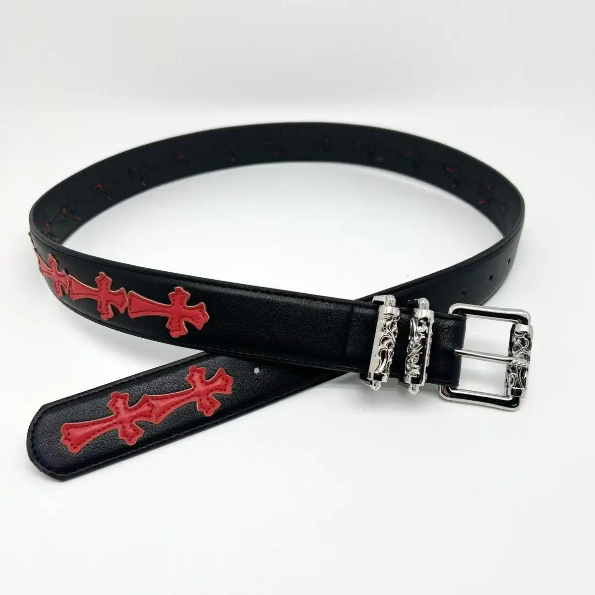 Cro CH Needle Buckle Belt for Men and Women with Hollow Red Patchwork Cross Vine Belt Star Style Retro Classic