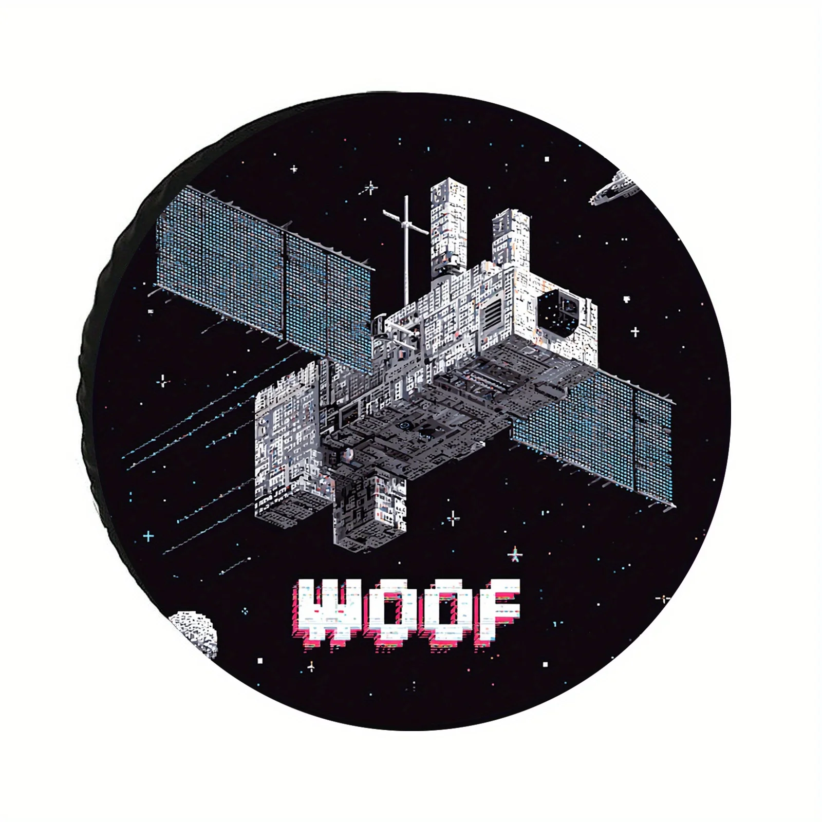 The Pixel Satellite Spare Tire Cover Features A Retro Sci-Fi Design With 'WOOF' Pixel Letters, Transforming Your Spare Tire Into