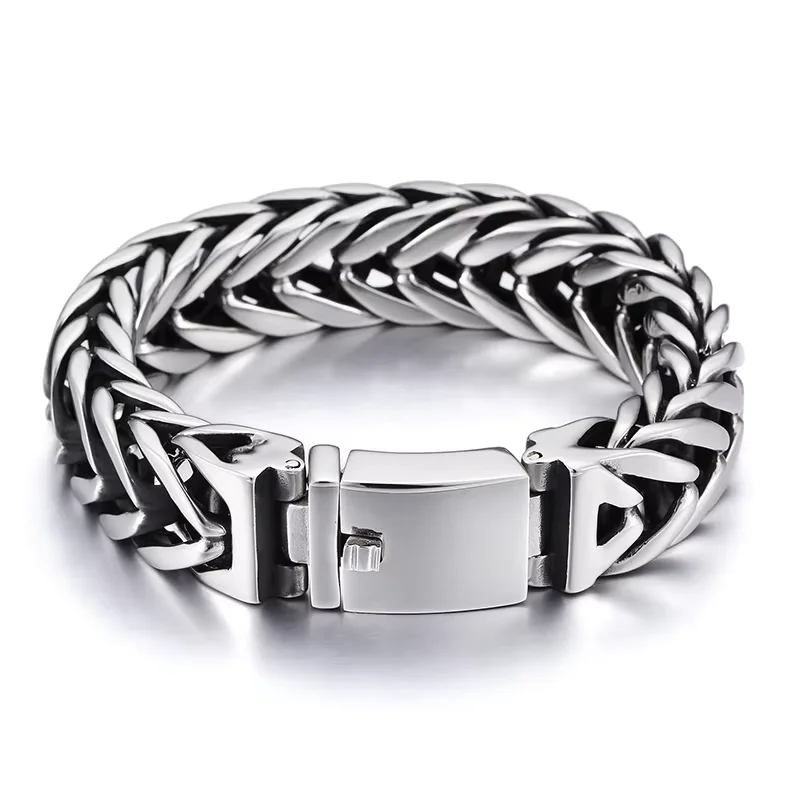 Fongten 23cm Mesh Chain Men Bracelet Stainless Steel  Heavy Braided Charm Bangle Bracelet For Men Silver Color Shiny Jewelry