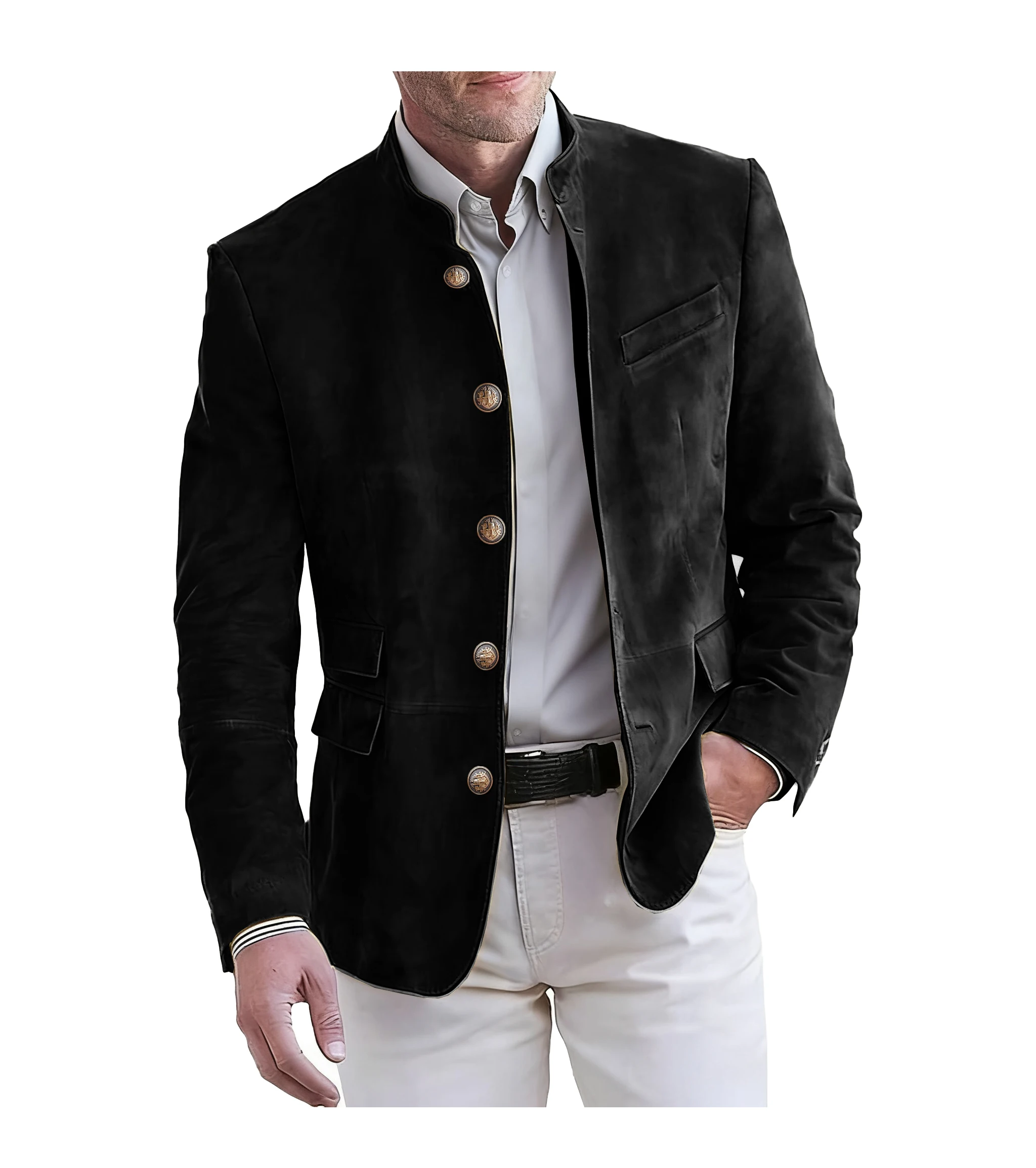 남성용 우아한 멀티 포켓 블레이저 재킷 스탠드 칼라 싱글 브레스티드 캐주얼 아우터웨어 솔리드 컬러 레귤러 남성 오피스 재킷