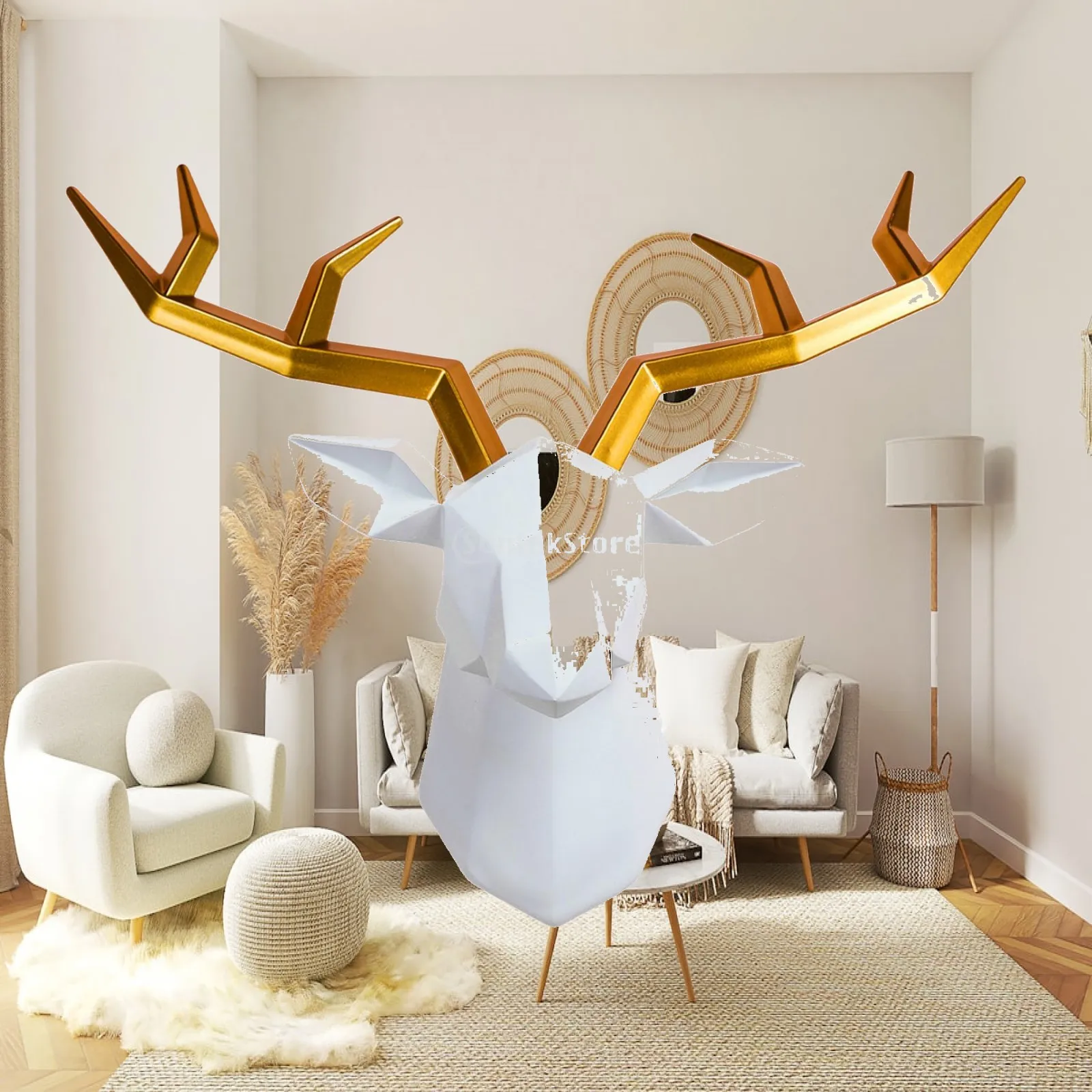 3D Deer Head Wall Mounted Animal Sculpture Pure White Resin Artwork for Corridor Bar Office Home Decor
