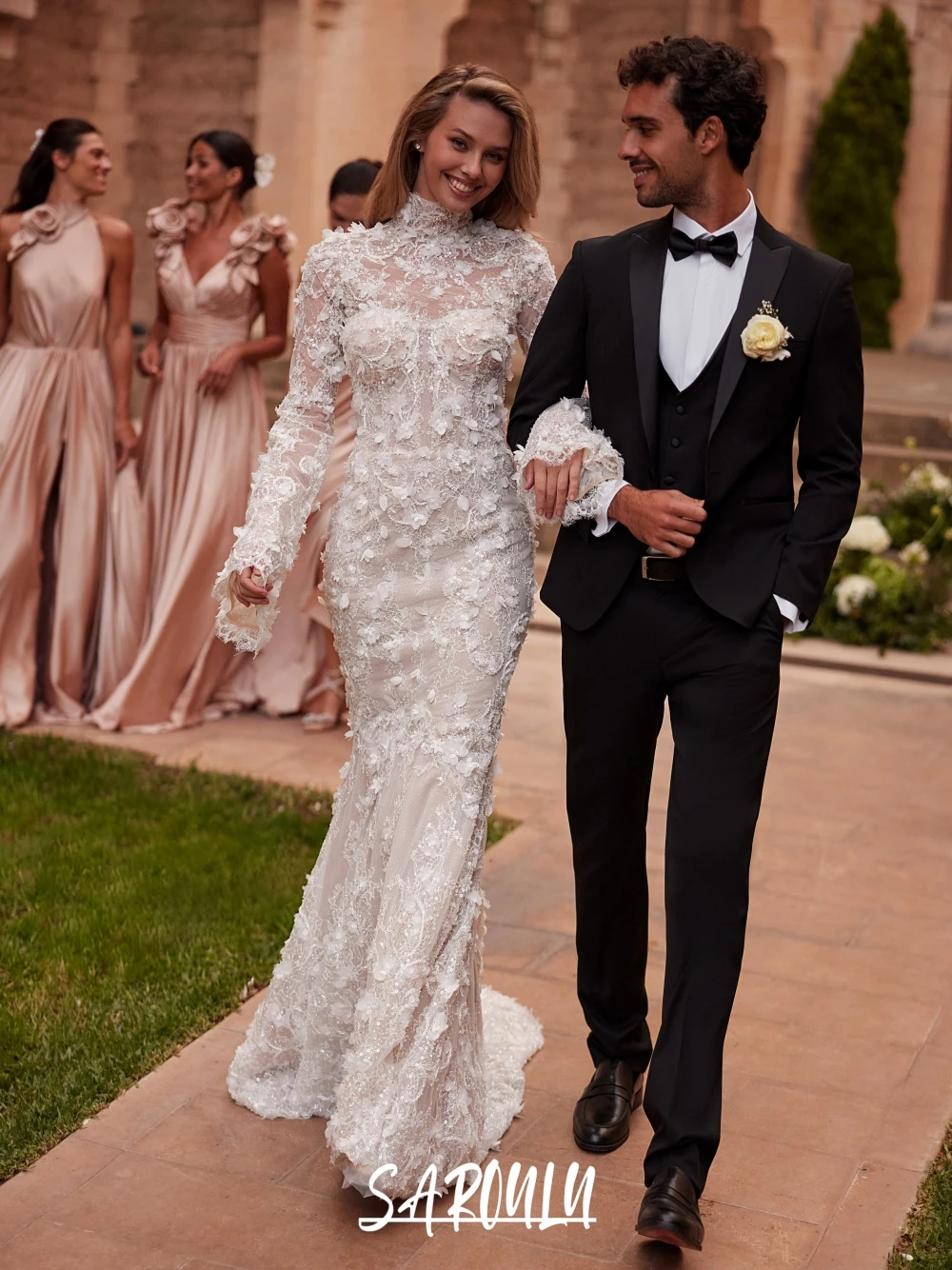

Fully Flowers Glitter Wedding Dress Romantic Mermaid Long Sleeves Bridal Gown Zipper Back Women Customized Bride Wear