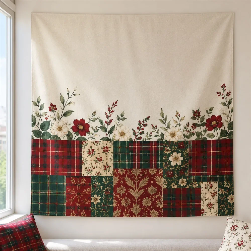 VIKAMA Tartan Patchwork Tapestry Wall Hanging, Aesthetic Quilted Room Decor Wall Art, Patchwork Tapestries for Study Living Room