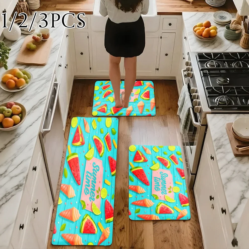 3PCS Kitchen Rugs,Home Decoration for Front Door, Kitchen, Bathroom, Watermelon Slices Summer Time Pattern Print Dining Mat
