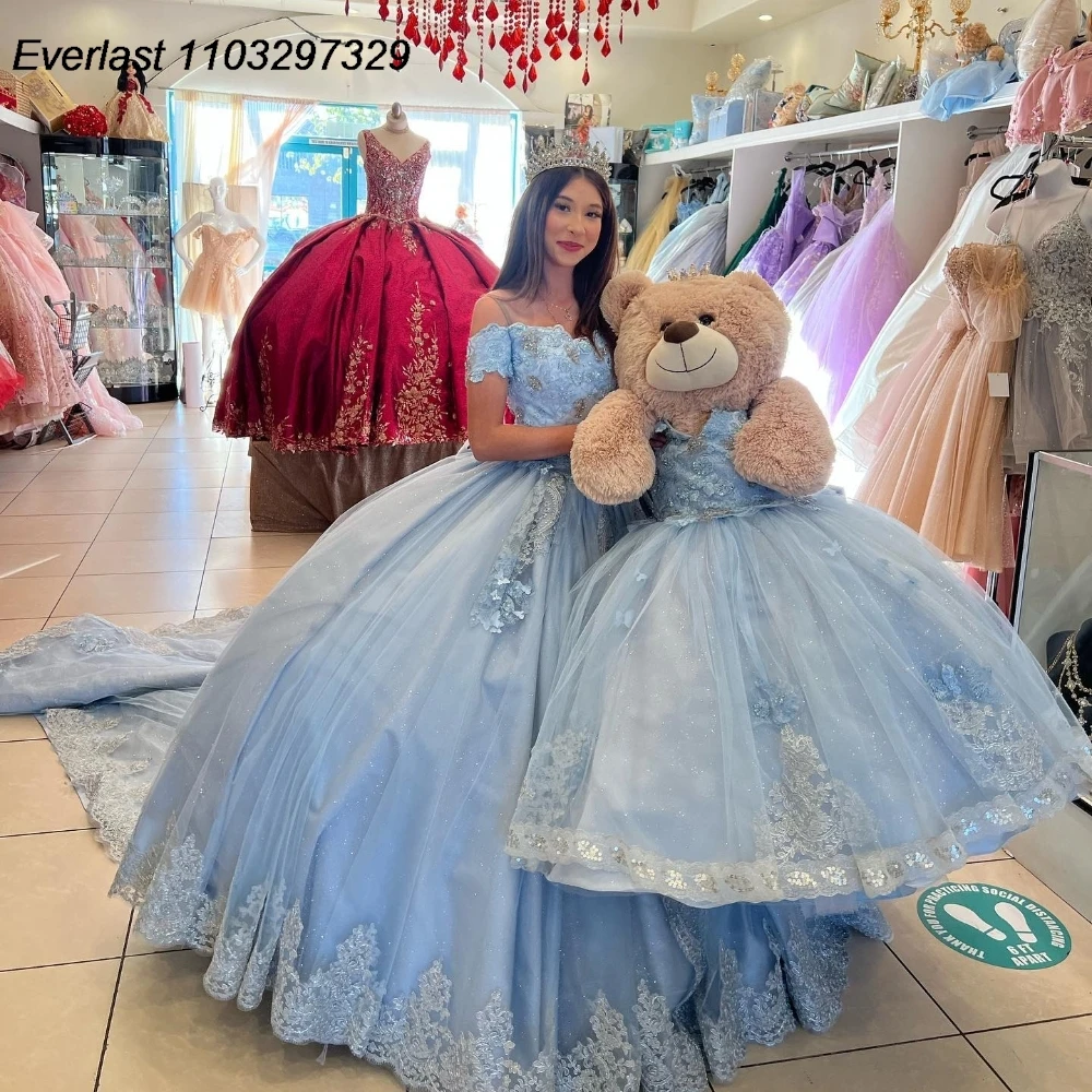 

EVLAST Shiny Blue Quinceanera Dress Ball Gown Glitter Lace Applique Beading Mexican Corset Sweet 16 Vestido De 15 Anos TQD974