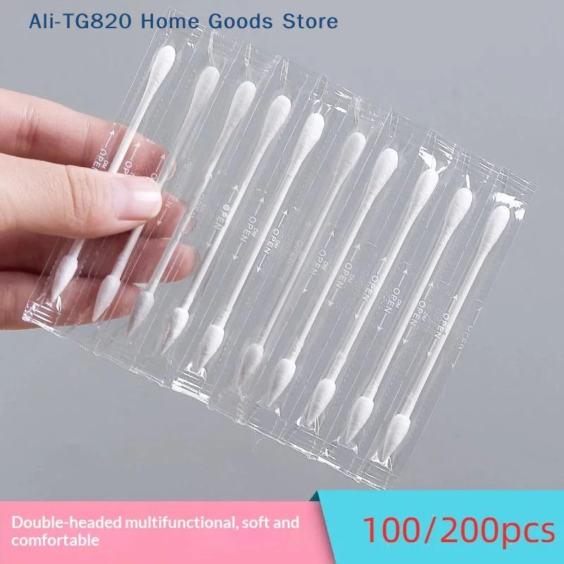 [TG820]100/200Pcs Individually Packaged Disposable Cotton Swabs For Makeup Cleaning Ear Tips Travel Use