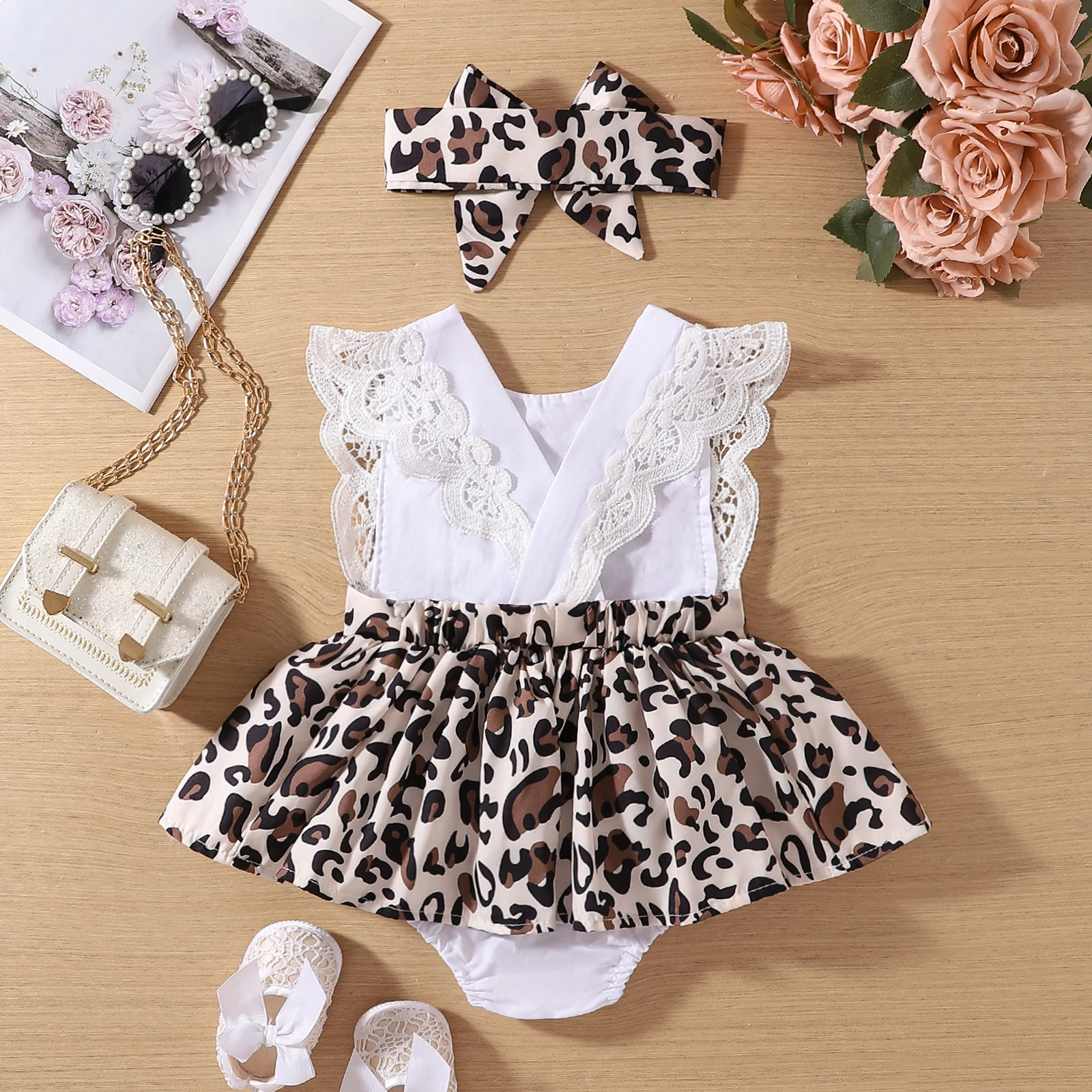 Newborn Summer O-Neck Black & White Lace Flutter Sleeves Cow Pattern Skirt Dress Jumpsuit Romper + Headwear