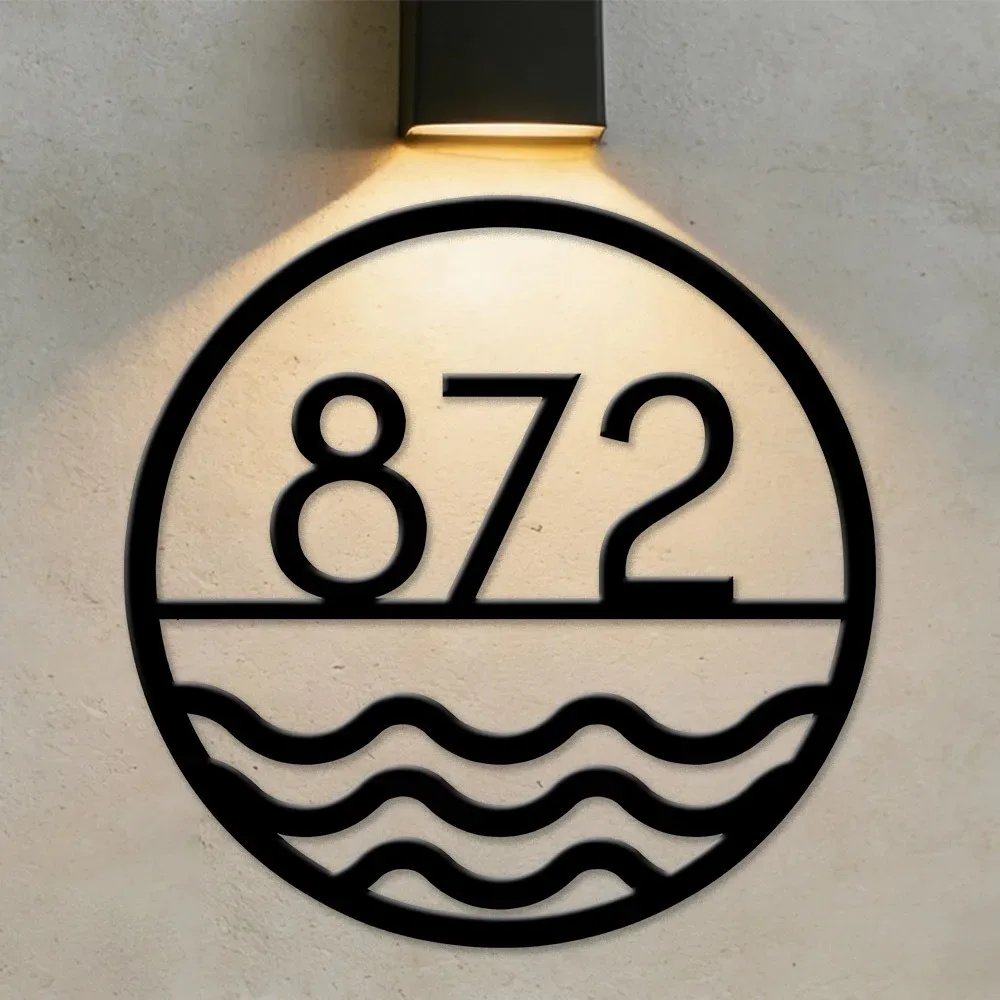 1pc 2D Flat Custom Wave House Number Metal Plaque Modern Address Wall Hanging Ornament Front Door Porch Yard Indoor Outdoor Home