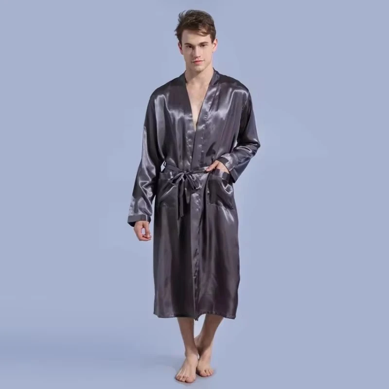 Men\'s Satin Kimono Robe Silky Long Bathrobe Pockets Lightweight Loungewear Men Dressing Gown Wedding Party