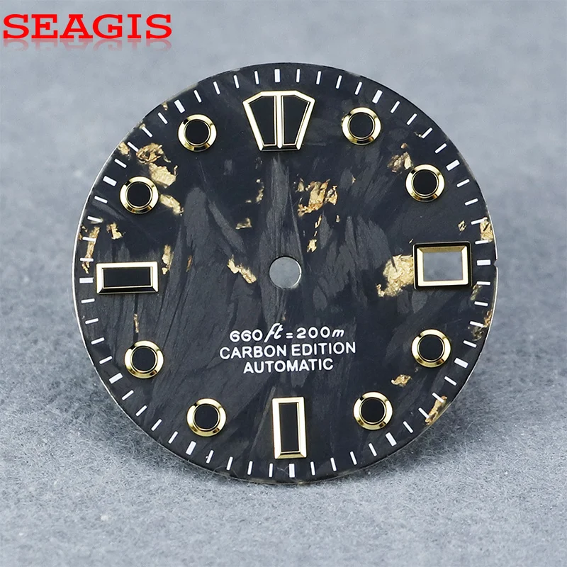 SEAGIS Black gold Carbon Fiber NH35 Dial 28.5mm Black Lume GS Index Black Index Dark Green Lume for NH34 GMT no Logo