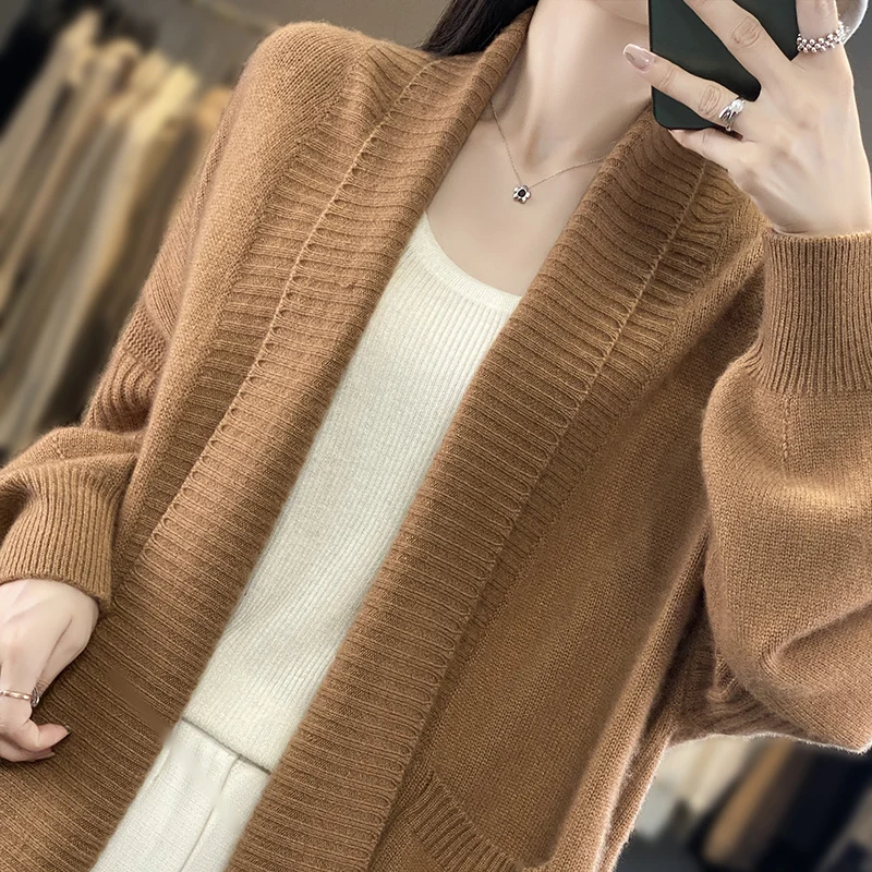 

MEETCC Women's 100% Merino Wool Thickened Cardigan Soft Warm Sweater Loose Pockets Cable Knitwear Autumn Winter Cashmere Coats