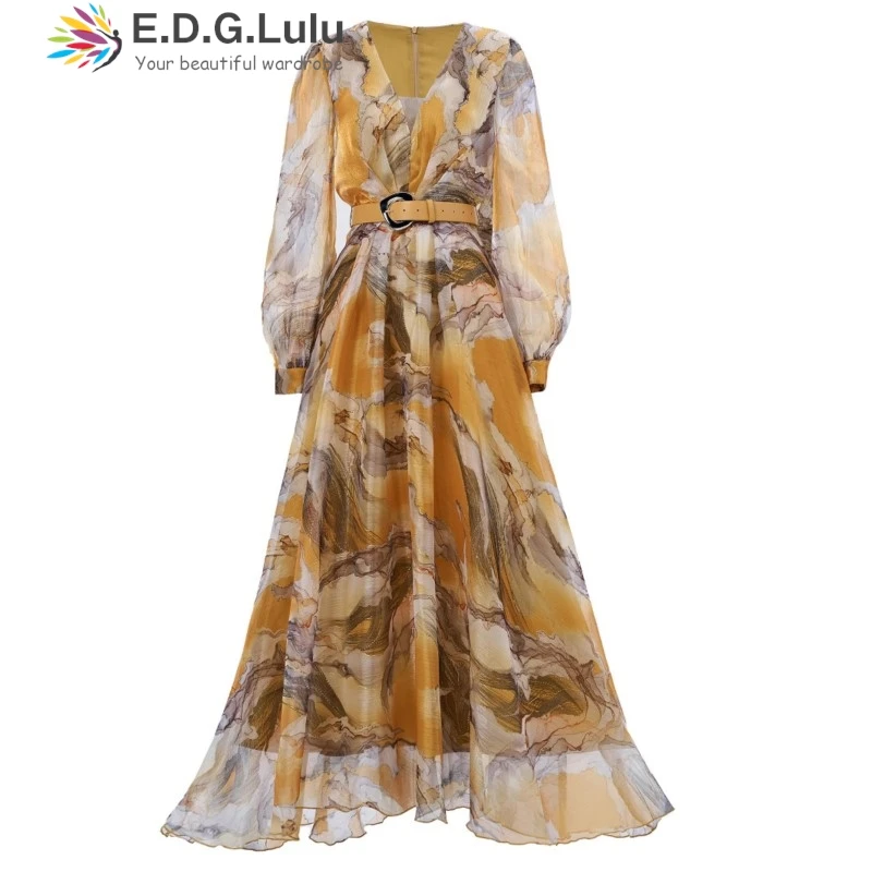 EDGLuLu женская одежда с v-образным вырезом и длинными рукавами, свободные длинные платья для женщин, пляжное платье с принтом тай-дай, богемное платье для отдыха + пояс 0627