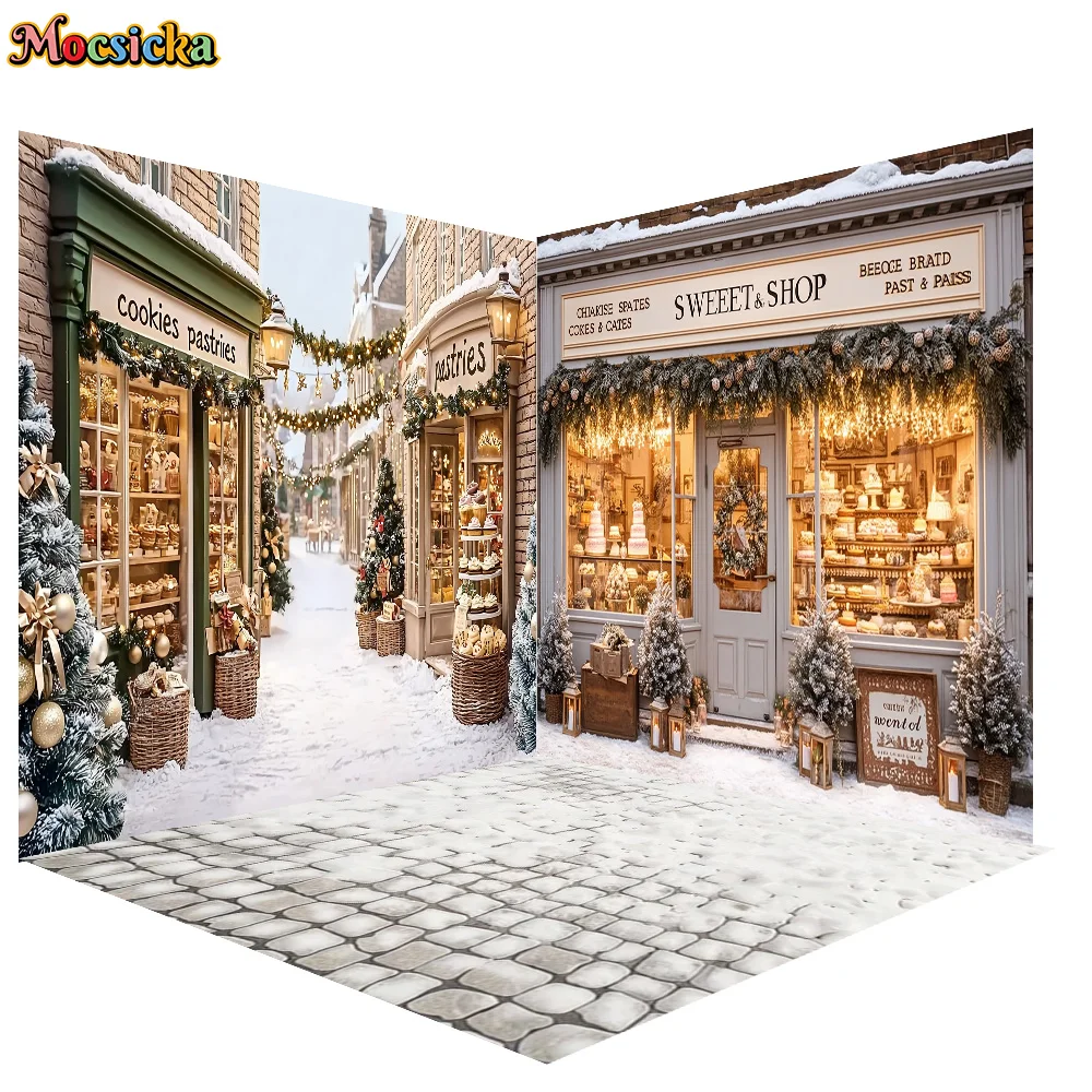 Mocsicka Photography Backdrop 3D Christmas Sweet Shop Decoration Family Xmas Holiday Portrait Photo Backgrounds For Photographs