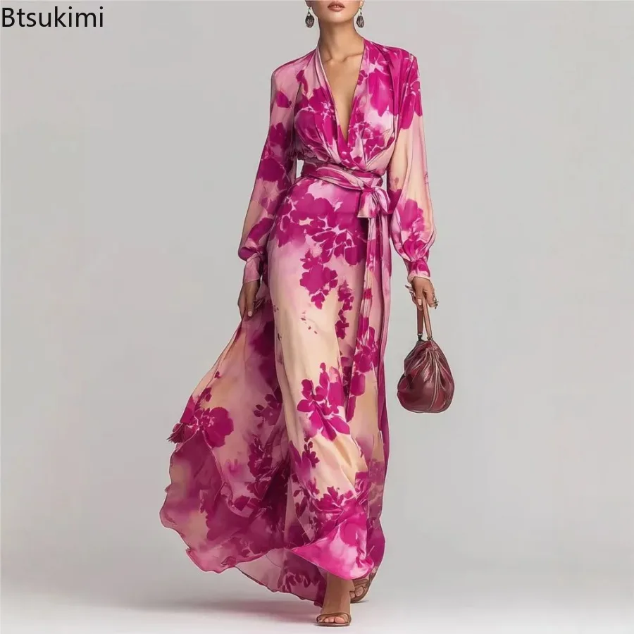 2026 Modisches Bedrucktes Chiffon-Kleid mit Langen Ärmeln, V-Ausschnitt und Schnürung für Damen, Frühling Herbst Neues Elegantes Schlankes Urlaubskleid