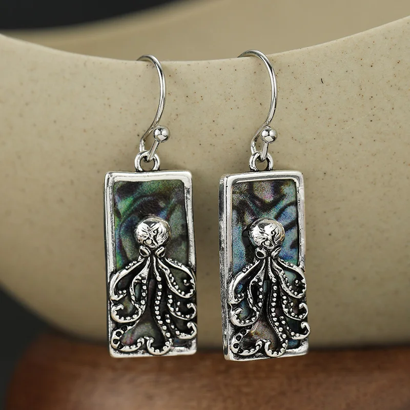 Vintage Gothic-Stil Oktopus-Kameo Abalone-Muschel-Muster Hängeohrringe für Frauen Elegantes Nischendesign Bankett- und Urlaubsschmuck