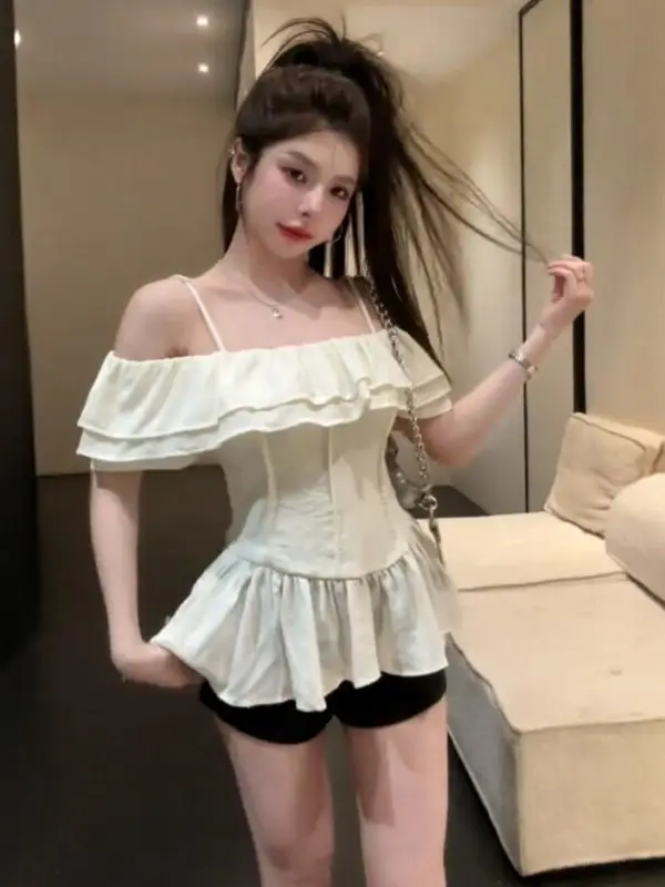 

French Style Slim Fit Short Sleeve Shirt Women's Summer New Design Shoulder Bared Waist Cinched Slimming Effect Blouse