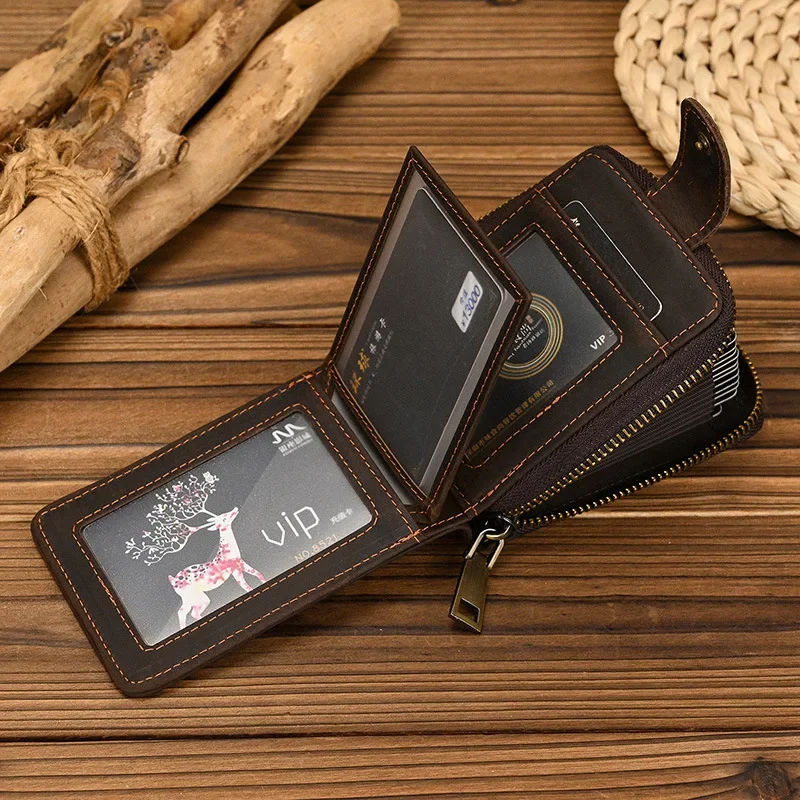 Genuine Leather Short Wallet ID Card Holder Zipper Wallet Simple Large Capacity 2-fold Zipper Card Holder Cowhide