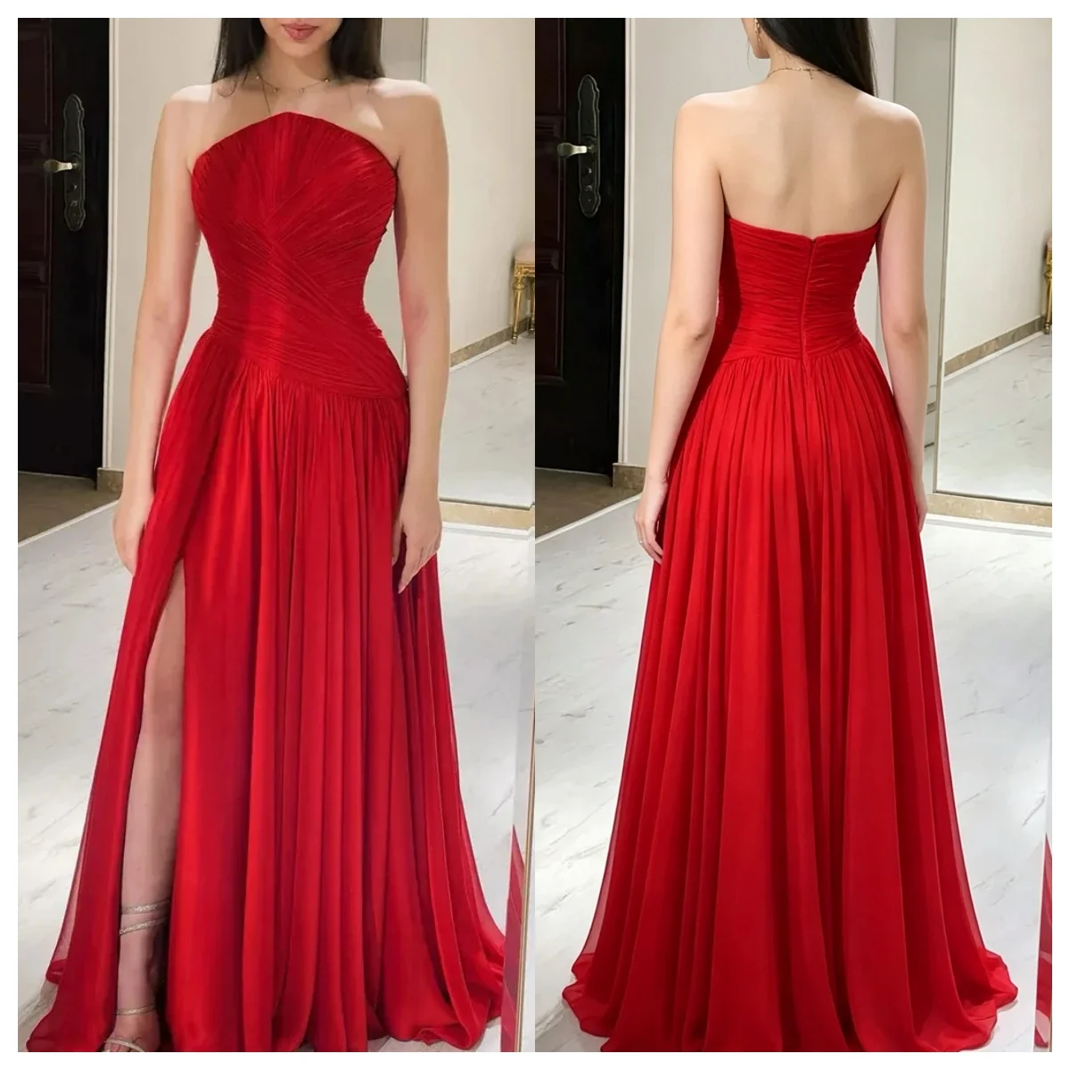 Maßgeschneiderte Elegante Brautjungfernkleider 2026 Trägerloses Plissiertes Chiffon-Ballkleid Bodenlange Formelle Partykleider