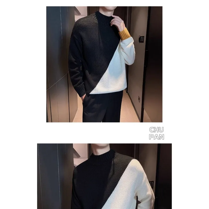 Korean Style Half Turtleneck Contrasting Color Sweater for Men Autumn Winter Splicing Thickened Pullover Bottoming Knitted Top