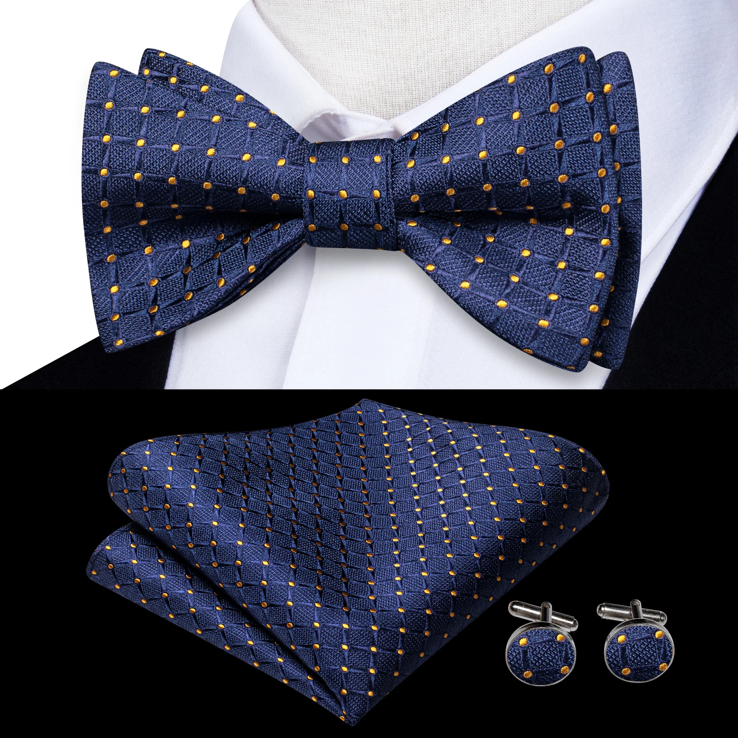 Jacquard Paisley Floral Dots Striped Silk Mens Bowtie Adjustable Self Bow Tie Hankerchief Cufflinks Set for Men Wedding Business
