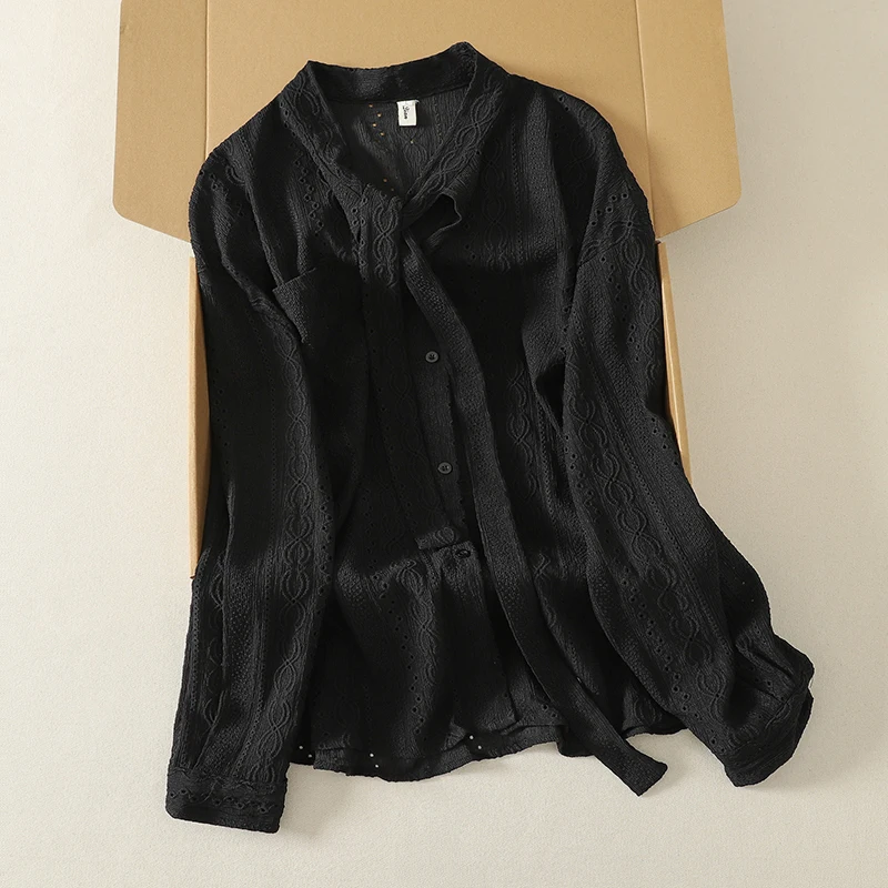 Elegant Vintage Loose Long Sleeve Shirt Outerwear with Sash Hollow out Texture Daily Wear Cotton Autumn Collection for Women