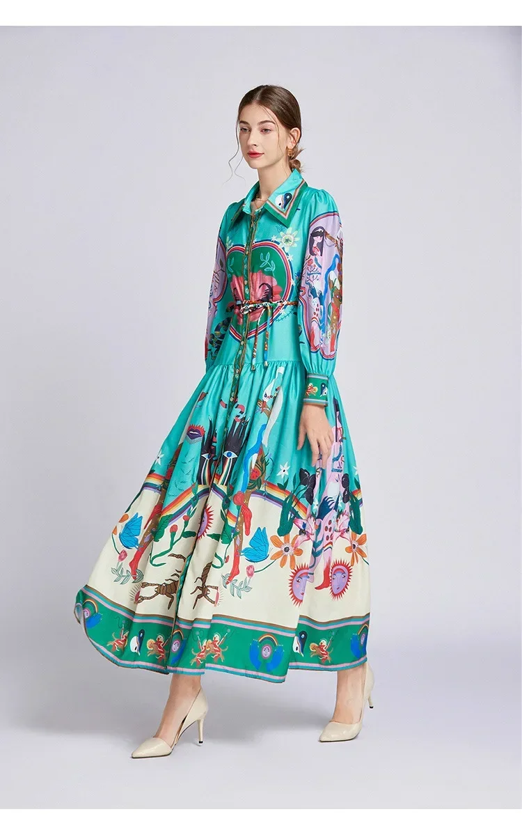 

Elegant Women Vintage Print Maxi Dress Fashion 2024 Autumn With Belt Holiday Lantern Sleeve Long Dresses Female Chic Robe