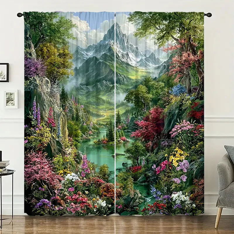 Curtain with landscape, forest and flower patterns, pole-mounted installation. Suitable living room, bedroom, dining room hotel